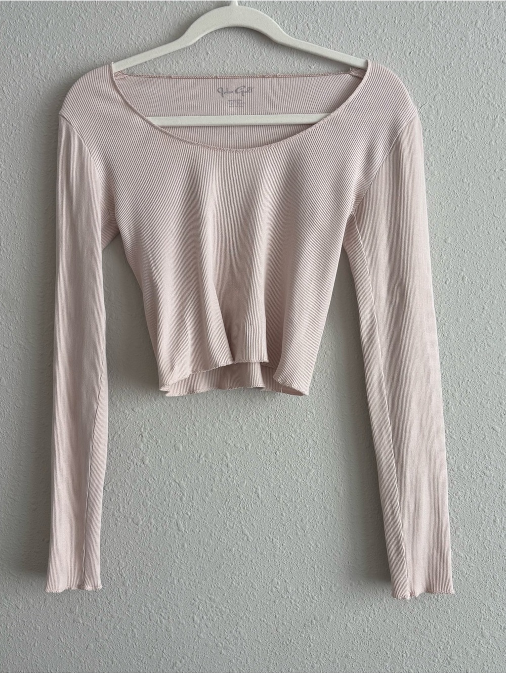 Brandy Melville Pale Blush Ribbed Scoop-Neck Long Sleeve Crop Top
